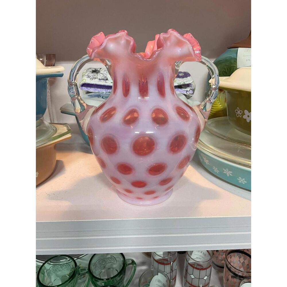 Fenton Vintage Cranberry Opalescent Coin Dot Double Handle Vase